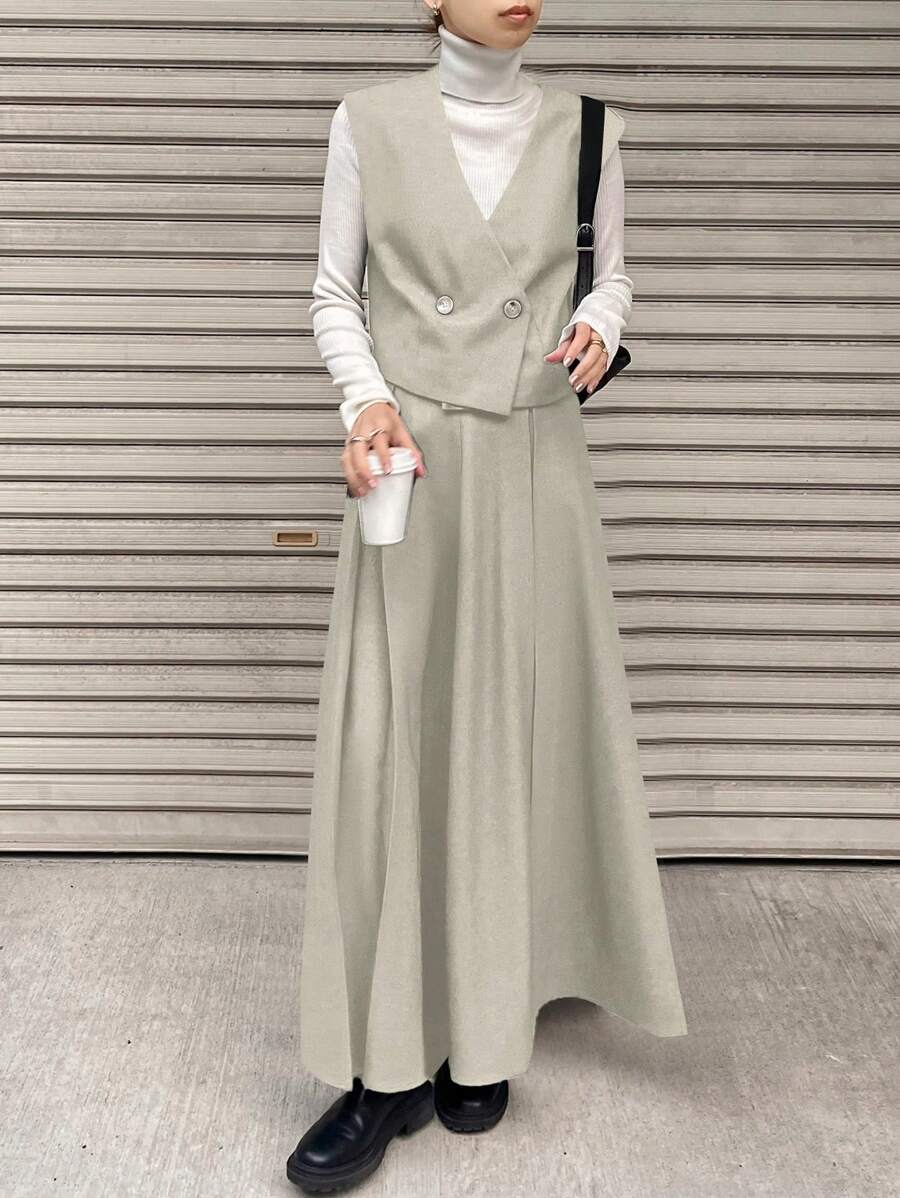 FRIFUL Women Two Pieces Casual Set - Solid Color Double-Breasted Vest And Midi Skirt - Beige - View 1