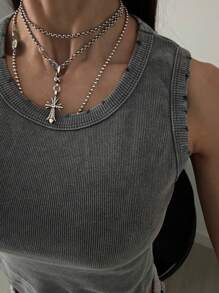 StreetHx Streetwear Women Spring/Summer Solid Color Distressed Washed Vintage Tank Top - Grey - View 6