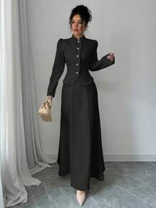 Elenzga 2 件套：女士优雅拼接流苏夹克和裙子 - 黑色 - 查看 5