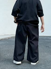 SHEIN 1pc Young Boys' Casual Casual-Fit Color-Block Woven Pants With Line Decoration, Suitable For Everyday Wear, Black Cargo Pants,Suitable For School, Garden, Birthday, Fall, Spring/Summer