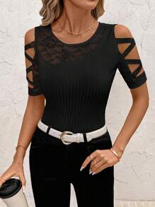 SHEIN Clasi 优雅女士白色蕾丝拼布凹槽条纹圆领镂空T恤，短袖弹力T恤，春夏T恤 - 黑色 - 查看 3
