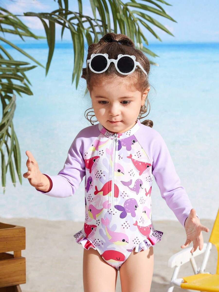 Baby Girl Graphic Print Ruffled Edge One-Piece Swimsuit - Multicolor - View 1
