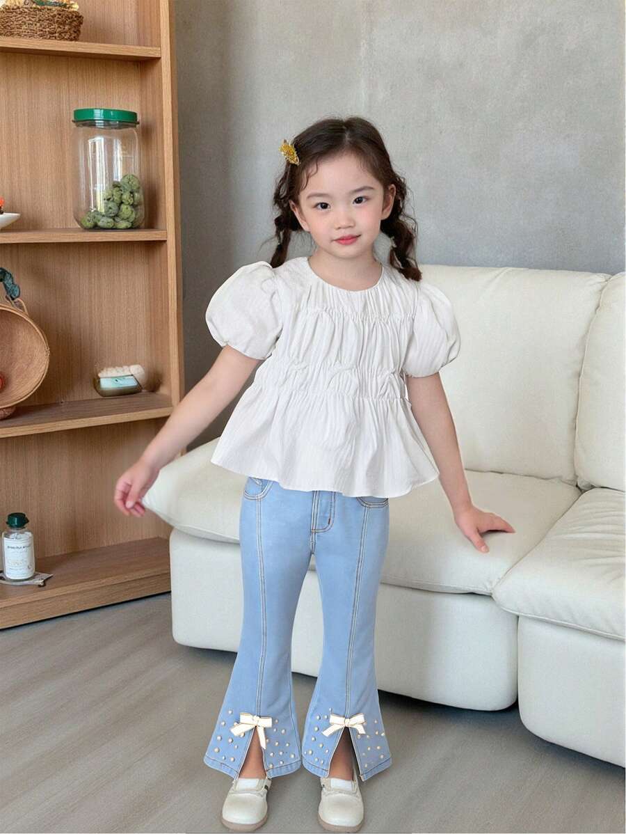 Young Girl Flared Jeans With Slit Hem, Studded And Bowknot Decor - Light Wash - View 1