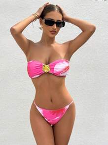 SHEIN Swim 3 pezzi Nuovo arrivo estivo Costumi da bagno da donna con stampa casuale di farfalle e fiori metallici plissettati, senza maniche, adatti per la spiaggia e le località balneari