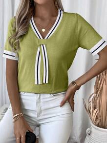 EMERY ROSE Women Casual Contrast Trim Knit Top, Summer - Olive Green - View 3