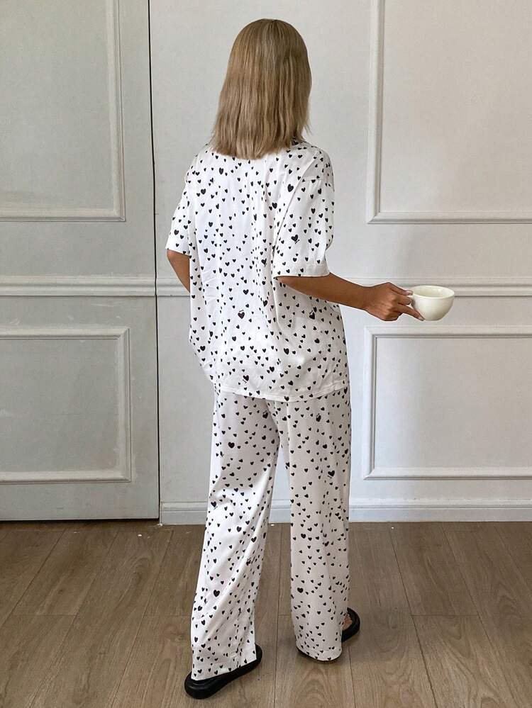 Heart Allover Print Satin Women Pajama Set