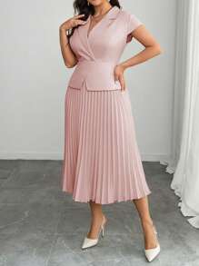 Elenzga 大码女式法式优雅正式休闲度假纯色西装领收腰 A 字褶皱短袖连衣裙，春夏 - 粉色 - 查看 4