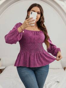 SHEIN Clasi Plus Leopard Print Lantern Sleeve Shirred Peplum Blouse Peplum Top - Multicolor - View 1