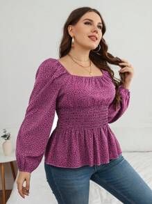 SHEIN Clasi Plus Leopard Print Lantern Sleeve Shirred Peplum Blouse Peplum Top - Multicolor - View 3