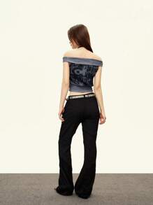 Rina Fox توب كروب ضيق تزيينه إبزيم معدني أمريكي كلاسيكي كتف مكشوف للنساء - رمادي - مشاهدة 2