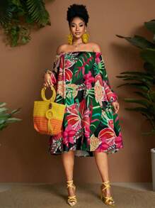Maweii Abito con stampa tropicale, scollo a spalla, maniche a lanterna, stile casual da vacanza, taglie comode