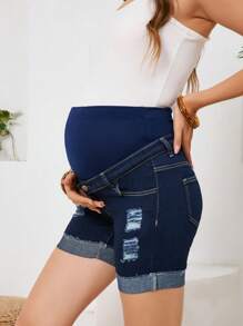 SHEIN Adjustable Waist Ripped Skinny Casual Denim Shorts For Pregnant Women - Dark Wash - View 3