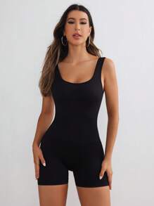 Slayform 女式简约纯色背心五分连体裤健身服 - 黑色 - 查看 3