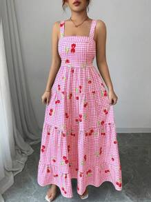 Elenzga Women's Blue Plaid & Cherry Print Ruffle Trimmed Slip Dress For Vacation - Pink - View 4