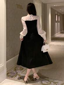 DAZY Colorblock Contrast Ribbon Collar & Puff Sleeve Women's Mid-Length Dress Prom Dress Elegant,Fall Dress