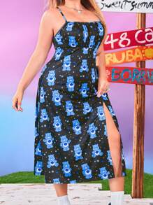 SHEIN X Care Bears 大码时尚经典 A 字吊带蓝色卡通熊和星星印花黑色大码连衣裙，适合春夏音乐节 - 黑色 - 查看 4