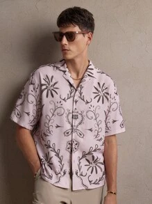 AKNOTIC Luźna, męska koszula z nadrukiem kwiatowym, tkana, casualowa, odpowiednia na co dzień, do pracy, na lato, na wakacje, na imprezę, wesele, dla par, jako prezent dla chłopaka, na plażę - Różowy - Zobacz 1