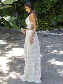 DAZY 2pcs Women Vacation Style Semi-Transparent Halter Top & Skirt Set,Beach Outfits - Apricot - View 14