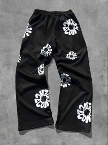 PAVTROS Manfinity Streetrush Men's Letter Print Drawstring Casual Sweatpants, Versatile Rave Pants Men Flower Pants - Black - View 4