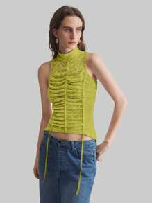 Ontre 2025 New Avocado Green Mock Neck Sleeveless Ruched Design Women's Daily Wear Solid Color Spring/Summer Fitted Vest