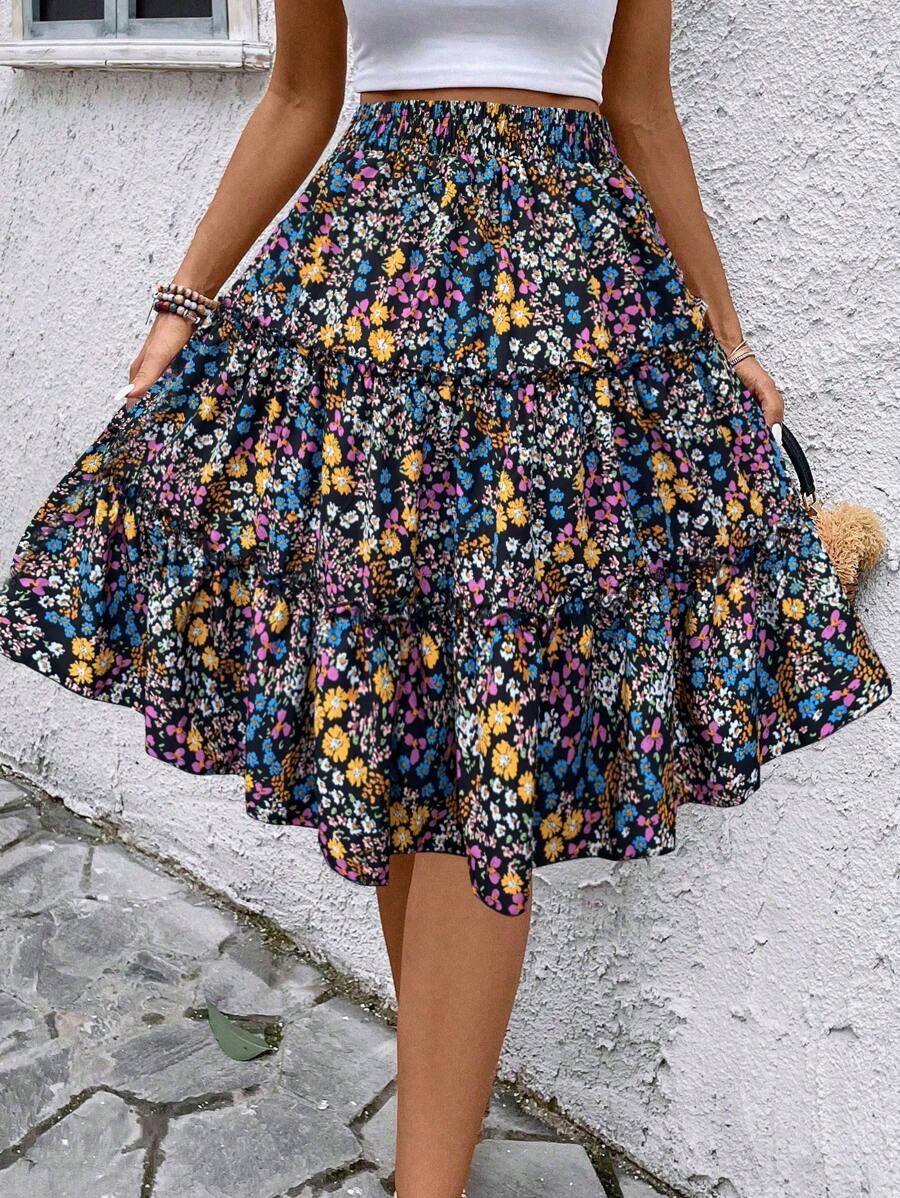 SHEIN Tall 1pc Women's Ditsy Floral Ruffled Hem Skirt (Random Print) - Black - View 1
