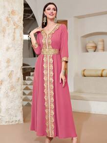 Al Najma Women's V-Neck 3/4 Sleeve Abaya Dress With Applique Decoration, Elegant Arabic Traditional Style Kaftan Jalabiya Dress - Coral Pink - View 6
