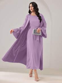 Al Najma 女士优雅纯色喇叭袖阿拉伯长袍，端庄长袍 - 紫色 - 查看 3