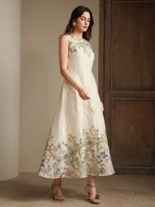 Anewsta Women's Elegant Romantic Date/Party Embroidered Floral Sleeveless Dress, Ideal For Spring & Summer, Casual Vacation, Festival, Wedding Guest - Apricot - View 6