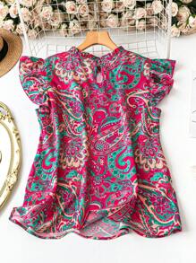 DreamSkyne 女士加大码荷叶边圆领盖袖碎花宽松衬衫，适合度假和日常穿着 - 彩色 - 查看 2