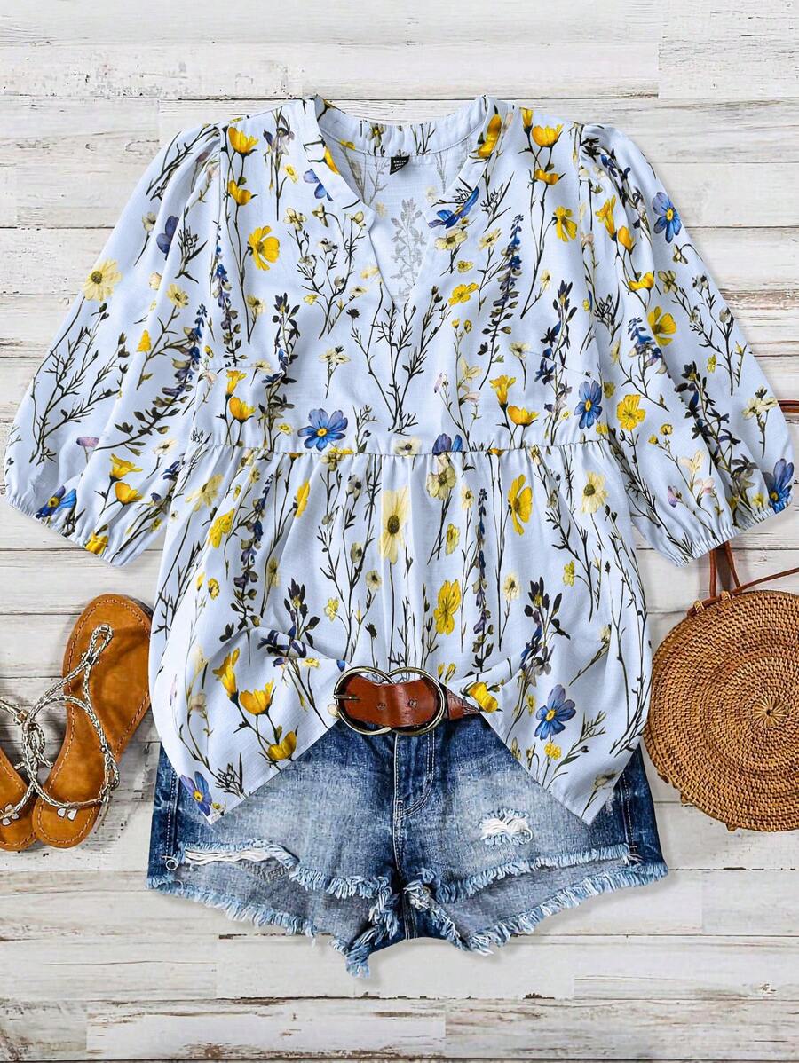 SHEIN LUNE Plus Size Women Floral Print Notch V-Neck Puff Sleeve Casual Blouse,Valentine - Multicolor - View 1