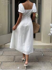 SHEIN Frenchy Schlichtes, strukturiertes, mittellanges Freizeitkleid für den Urlaub für Damen, strukturierter Stoff, Schleife zum Binden, weiß, Hochzeitssaison, Sommerkleidung für Damen, geeignet für den Alltag und den Urlaub