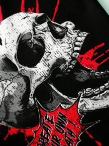 SHEIN 2pcs/Set Teen Boys Casual Short Sleeve T-Shirt And Shorts Set, Streetwear Punk Rock College Leisure Outfit For Party, Music Festival, Suitable For Spring & Summer. Skull English Print, Black - Red - View 4