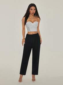 SHEIN PETITE Quần ống côn đơn giản, đa năng, màu trơn dành cho nữ - màu đen - Xem 5