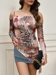 INAWLY 女士休闲老虎和玫瑰印花 T 恤，性感露肩修身背心，适合夏季 - 棕色 - 查看 4