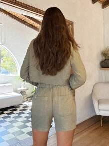 Cloudara Cottonline Women's Lihgt  Green Airy  Long Sleeve Top &Short Linen Two Piece Sets - Army Green - View 2