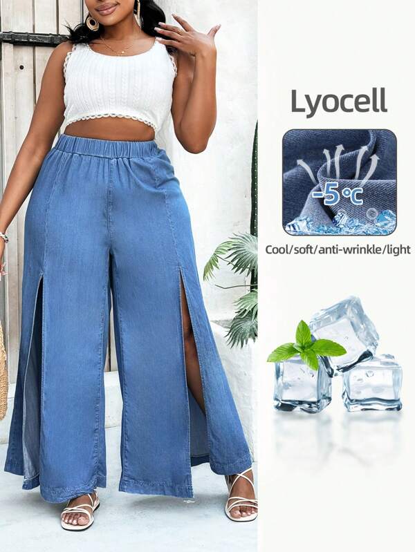SHEIN VCAY Jeans Plus Size Loose Fit Wide Leg Blue, Ocazional Vacanta Vara, Tinute Vacanta Femei, Paste, Primavara, Vest, Tinute Office pentru Femei, Tinute Rave, Rochie Baby Shower, Cottagecore, Tinute Country Femei, Femei Stilul Bani Vechi, Tinute Going Out, , Tinute Festival, Tinuta Rodeo Femeie, Tinuta Vacanta, Vacanta Haine, ținute Nashville, vară europeană, concert, ținută cowgirl, ținută de absolvire ținute de plajă pentru femei, ținute de vacanță femei, plajă, îmbrăcăminte femei boho, ținute de croazieră femei, ținute stil bani vechi, ținute Ibiza, boho chic, blugi largi Pantaloni fluidi Blugi rupti cu talie înaltă