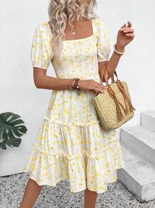 Breezaya Abito da donna a collo quadrato semplice e alla moda con maniche corte, adatto per l'estate, abito giallo da donna