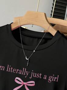 青少年/青少年女孩休闲百搭粉色字母和蝴蝶结图案印花收腰短袖 T 恤 - 黑色 - 查看 3