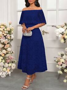 SHEIN Lady White Lace One-Neck Cape Elegant Dress Valentine's Day Women Midi Dresses - Navy Blue - View 5