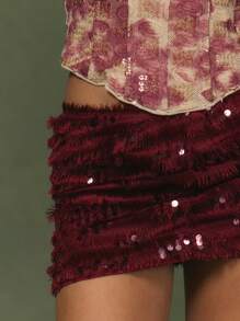 MUSERA Low Rise Textured Sequinned Club Elegant Boho Micro Mini Skirt Cute Sexy Ibiza Fits For Summer Vacation Holiday Forbidden Gardens Chic Party Occasion - Burgundy - View 2