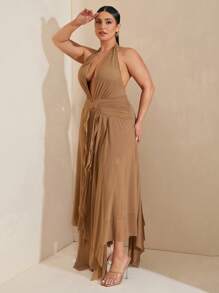 SHEIN BAE 大码女式高街卡其色网眼V领紧身吊带长裙蝴蝶装饰，女式荷叶边复活节连衣裙，毕业典礼服装，女式性感俱乐部服装，女式春季服装，夏装，节日晚会服装，女式生日服装，婚礼服装，女式度假服装，音乐会，蝴蝶装饰海边度假连衣裙，网眼连衣裙 - 卡其色 - 查看 5