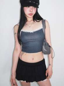 DAZY Débardeur court en patchwork de dentelle à pois Y2K pour femmes - Noir - Voir 4