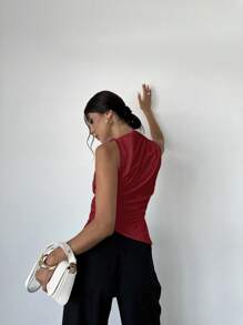 Firerie 女士简约优雅时尚办公室通勤奶油色无袖褶皱领尖下摆棉质衬衫