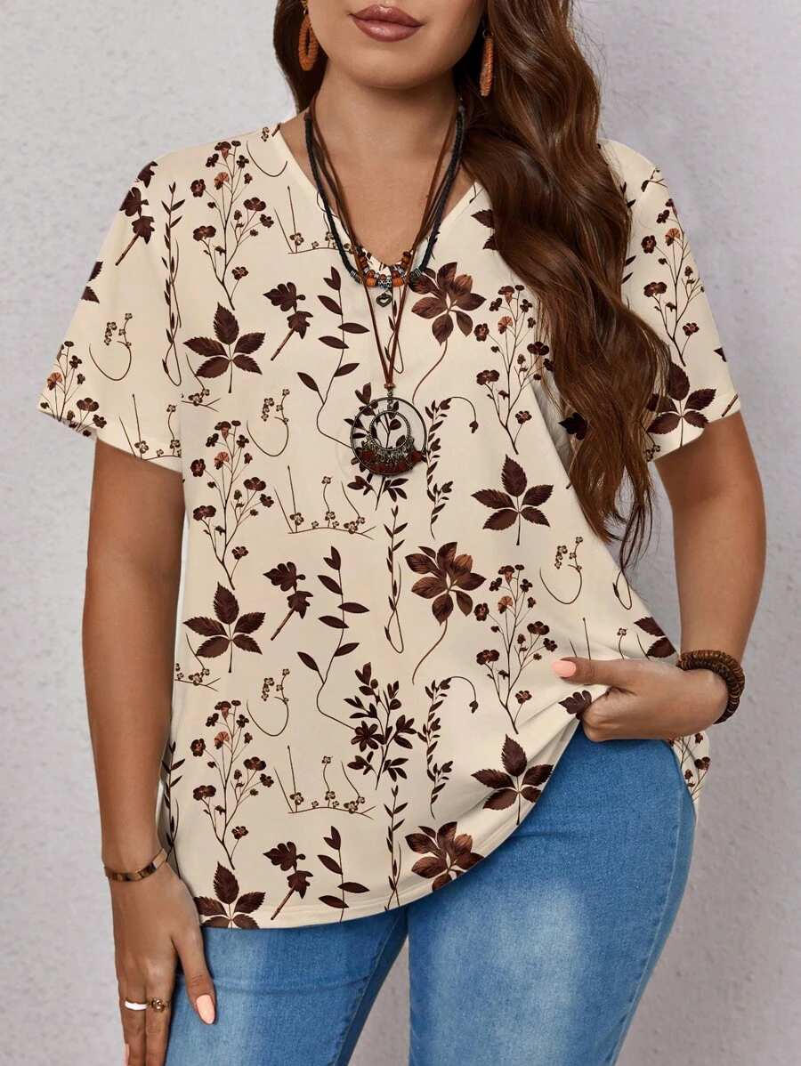 EMERY ROSE 花卉印花休闲宽松大码女式短袖 T 恤，适合夏季 - 彩色 - 查看 1