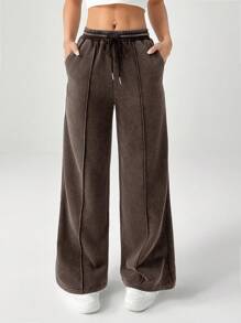 SHEIN PETITE Snow-Washed Women's Drawstring Wide Leg Sweatpants - Brown - View 7