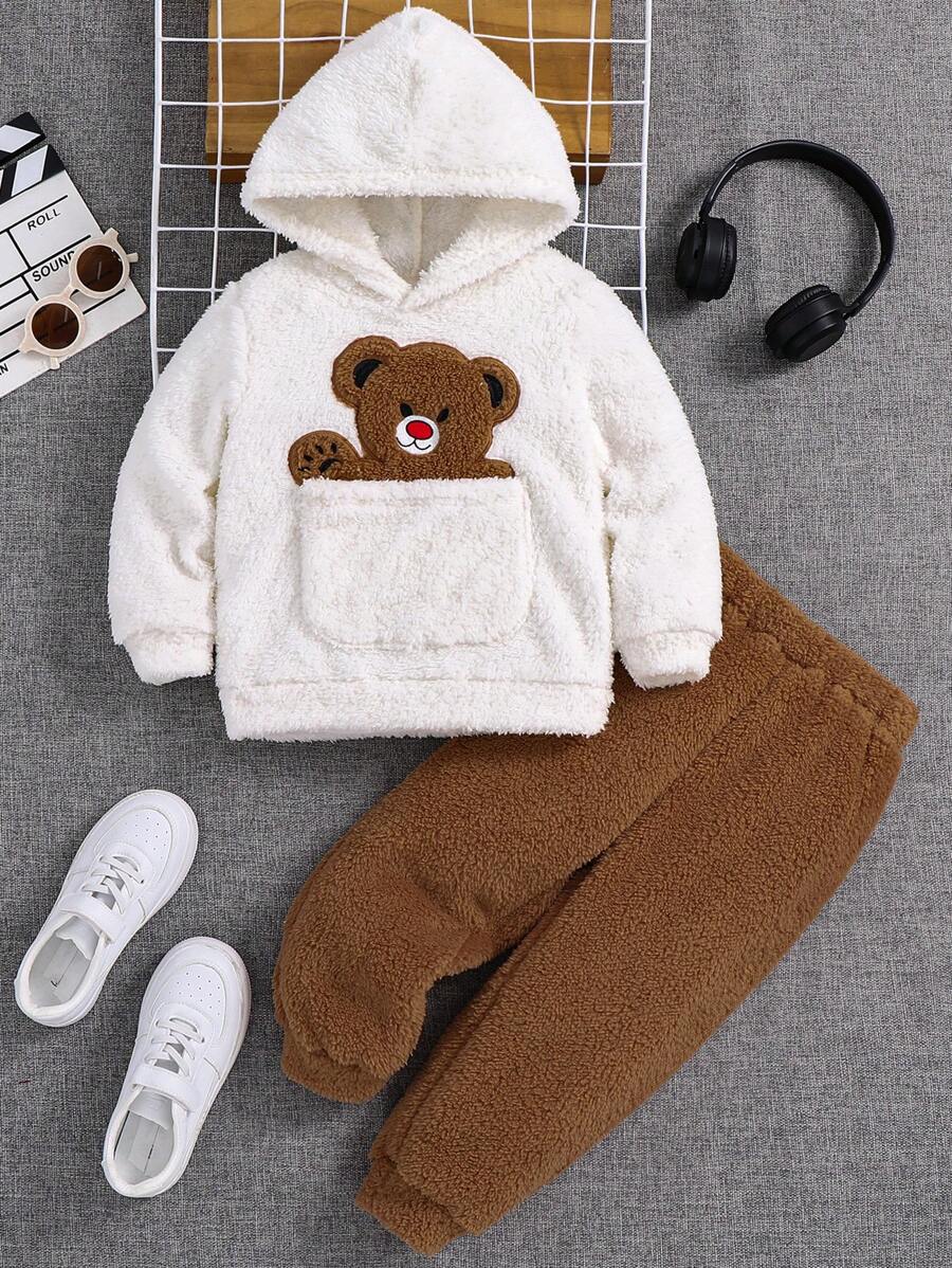2pcs/Set Young Boys Casual School Style Comfortable & Fashionable Simple Cute Bear Cartoon Pattern Fleece Thick Warm Sweatshirt And Pants Outfit, Suitable For Kids Back To School, Young Boys Daily Wear, School Outfits, Suitable For Casual, School, Outdoor, Sports, Autumn Winter Season