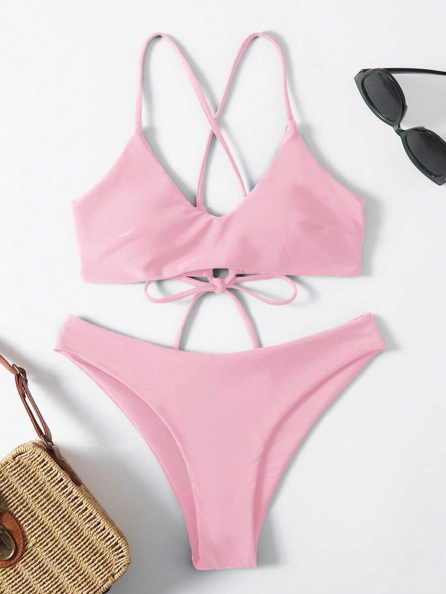 SHEIN Swim 纯色无线比基尼泳衣,度假海滩 - 粉色 - 查看 1