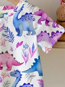 SHEIN Happikins Cute Colorful Cartoon Dinosaur Print, Young Girl Casual Minimalist Round Neck Short Sleeve T-Shirt, Suitable For Summer - Multicolor - View 5