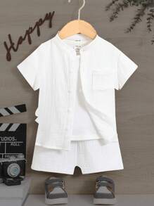 Bebé niño Camisa unicolor con parche de bolsillo & Shorts sin camiseta