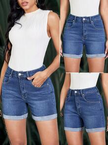 SHEIN LUNE Pantalones cortos de mezclilla casuales y versátiles para mujer con bolsillos y basta enrollada